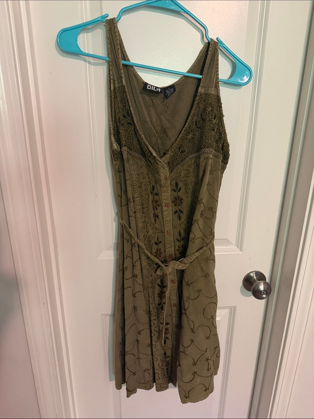 Bila Olive Green Sleeveless Embroidered Mini Dress